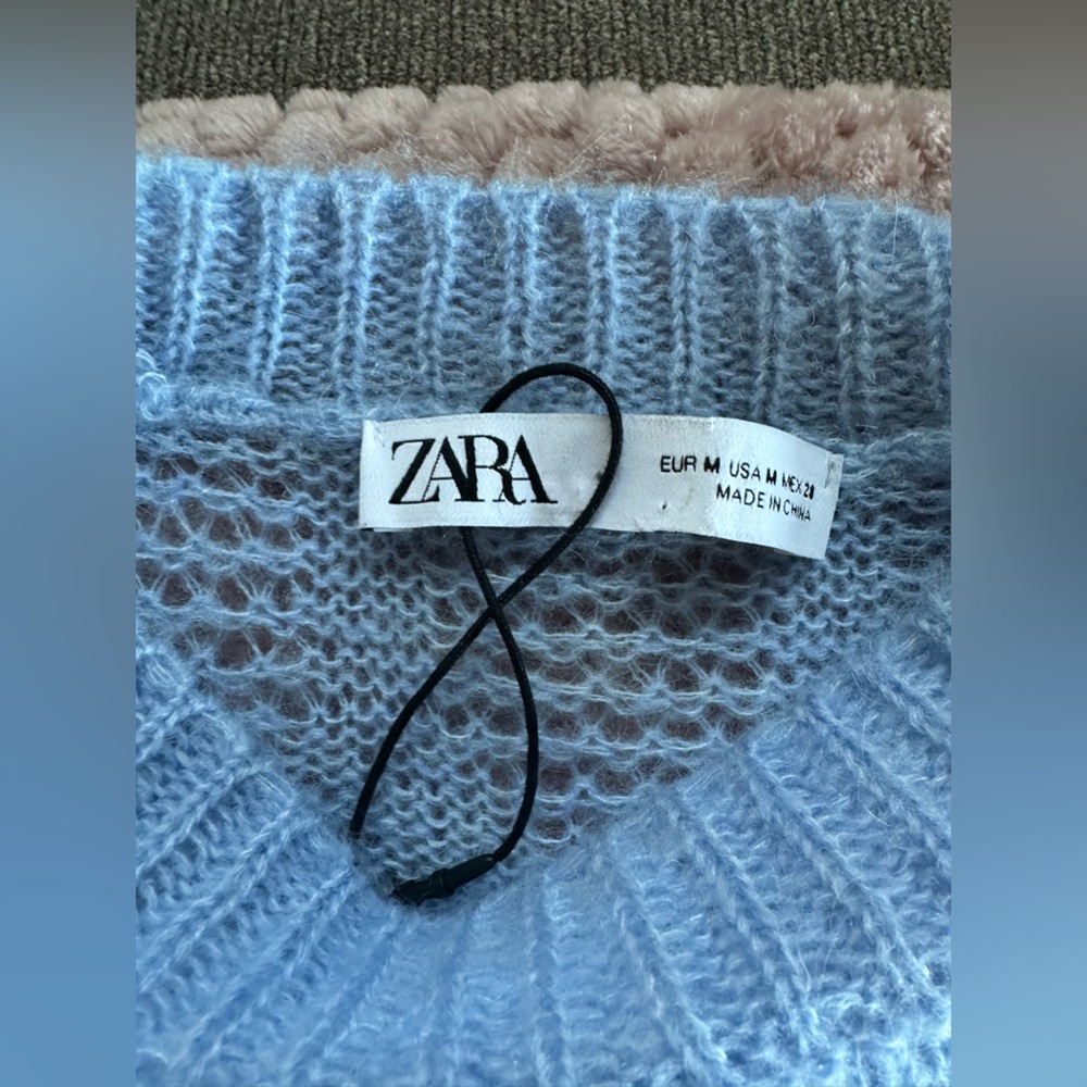 Zara Womens Knitted Sweater Pullover Feather Fringe Size M Blue Wool Blend - Picture 10 of 11